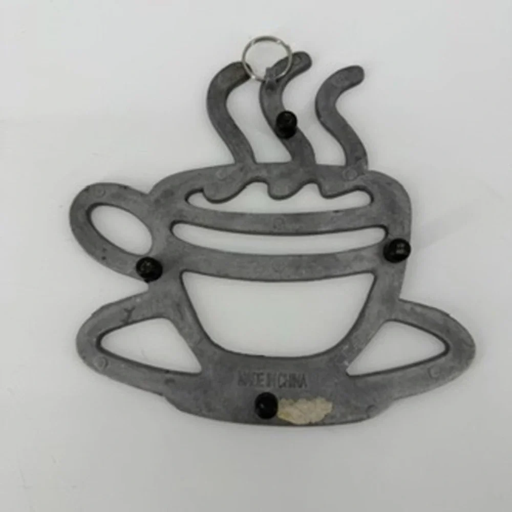 Vintage Silver Cast Metal Coffee Cup Trivet Wall Decor Steaming Mug 7x8 Inch